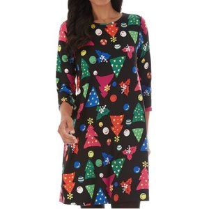 DRESS WORKS Holiday Swing Dress Christmas Trees Mistletoe & Ornaments